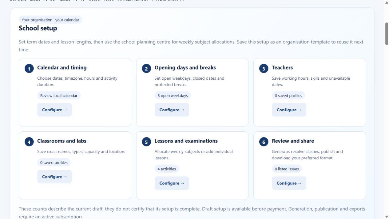 Live VeloRoster schools workspace setup controls with sample data