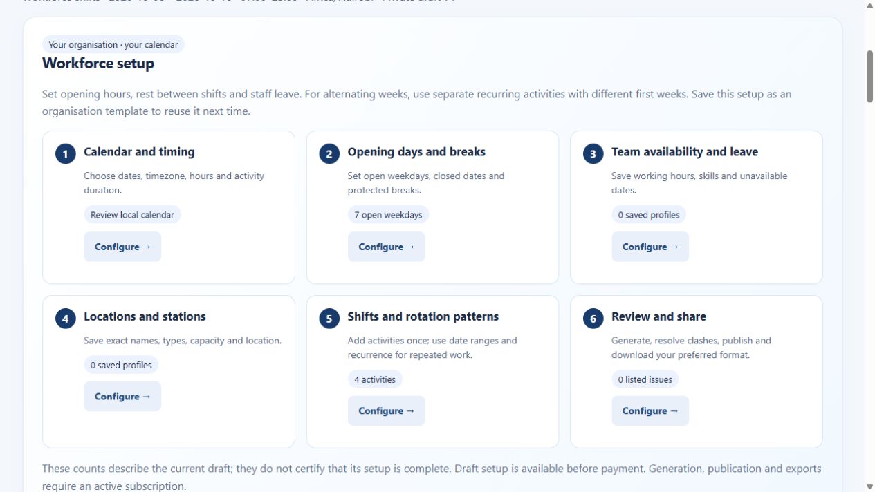 Live VeloRoster workforce shifts workspace setup controls with sample data